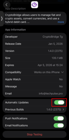 TestFlightのAutomatic Updatesをオンにする