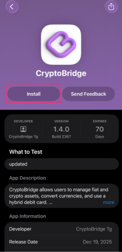 TestFlightのCryptoBridgeインストール画面