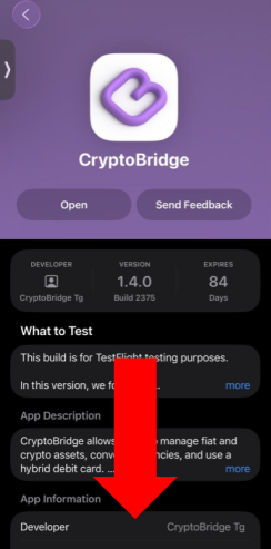 TestFlightでCryptoBridgeのアイコンをタップして下へスクロールする
