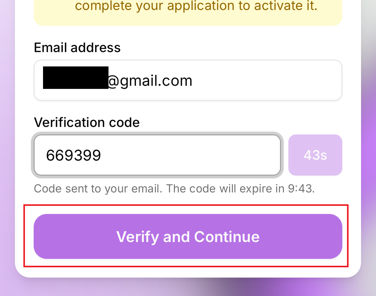 認証コードを入力してVerify and Continueをクリックする