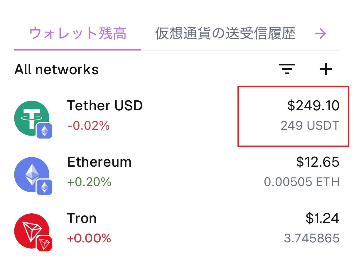 CryptoBridgeのウォレット残高にUSDTが着金した画面